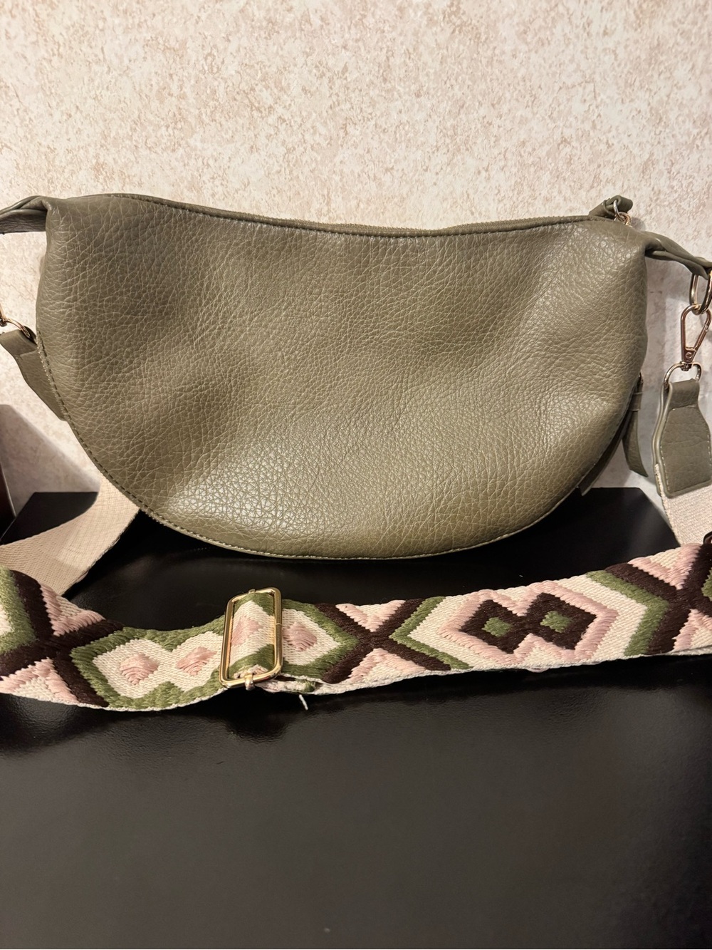 Like Dreams Olive Green Crossbody Sling Bag with Patterned Guitar Strap